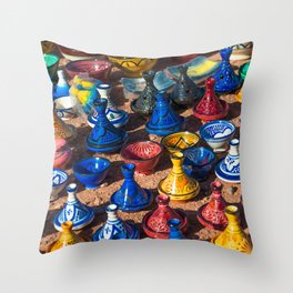 Colorful ceramic tajines in the market Morocco Throw Pillow
