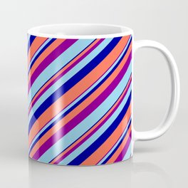 [ Thumbnail: Purple, Sky Blue, Dark Blue, and Red Colored Lines/Stripes Pattern Coffee Mug ]