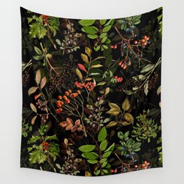Vintage & Shabby Chic - vintage botanical wildflowers and berries on black Wall Tapestry