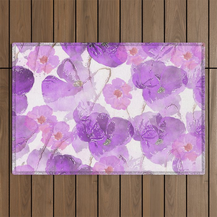 Abstract Lilac Violet Purple Watercolor Paint Poppies Outdoor Rug