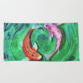 Circle of life - Watercolor koifishes Beach Towel