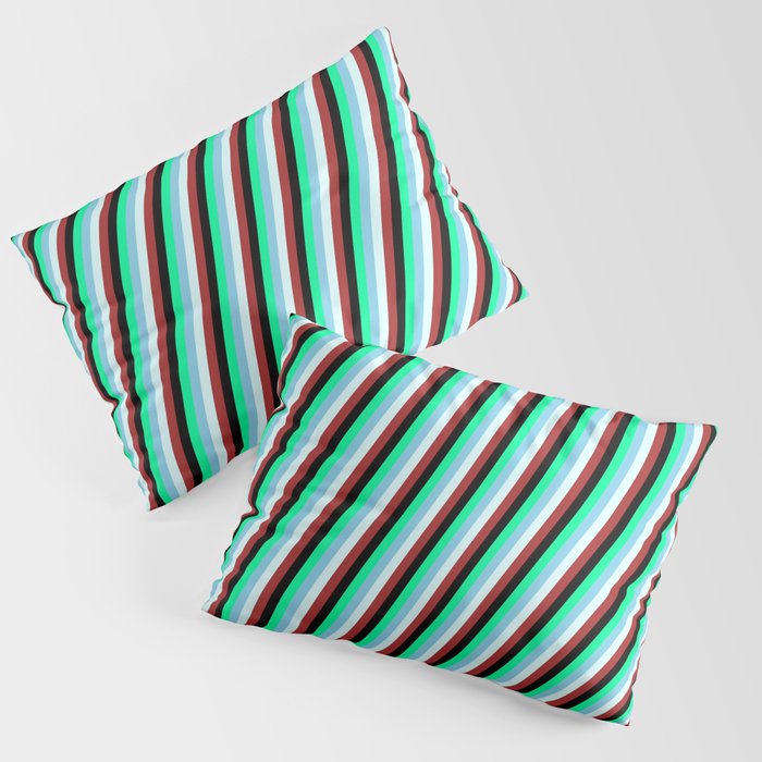 Eyecatching Green, Sky Blue, Light Cyan, Brown, and Black Colored Lines Pattern Pillow Sham