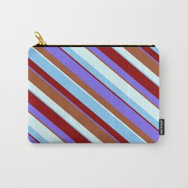 [ Thumbnail: Medium Slate Blue, Sienna, Light Cyan, Light Sky Blue, and Dark Red Colored Striped Pattern Carry-All Pouch ]