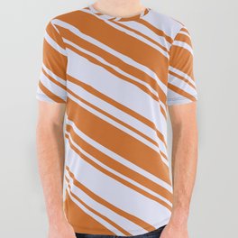 [ Thumbnail: Chocolate & Lavender Colored Lined/Striped Pattern All Over Graphic Tee ]