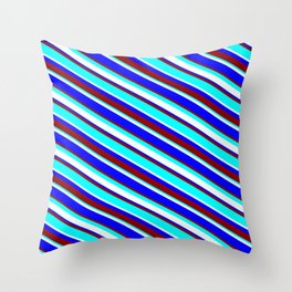[ Thumbnail: Mint Cream, Blue, Dark Red, and Aqua Colored Lined Pattern Throw Pillow ]