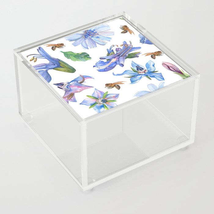Watercolor seamless pattern with blue flowers and bees Acrylic Box