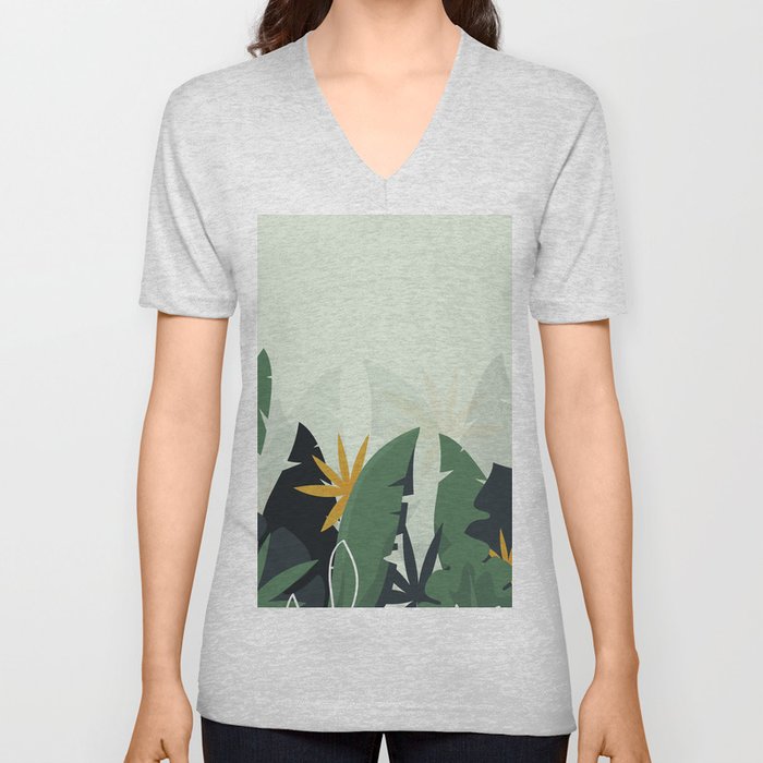 Tropical background with jungle plants. Palm leaves. Floral exotic hawaiian wallpaper. Rainforest. Summer tropical leaf. Exotic hawaiian jungle, summertime style. Summer illustration. V Neck T Shirt