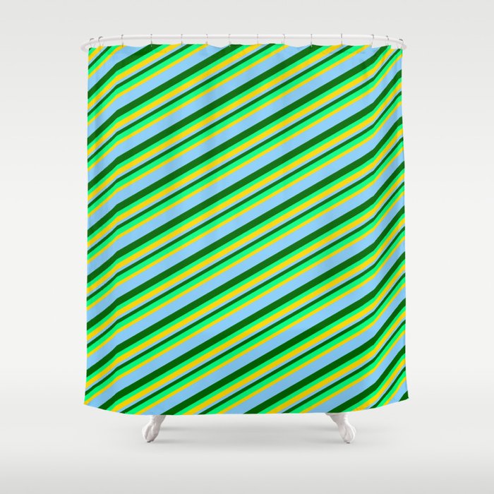 Dark Green, Green, Yellow & Light Sky Blue Colored Lined Pattern Shower Curtain
