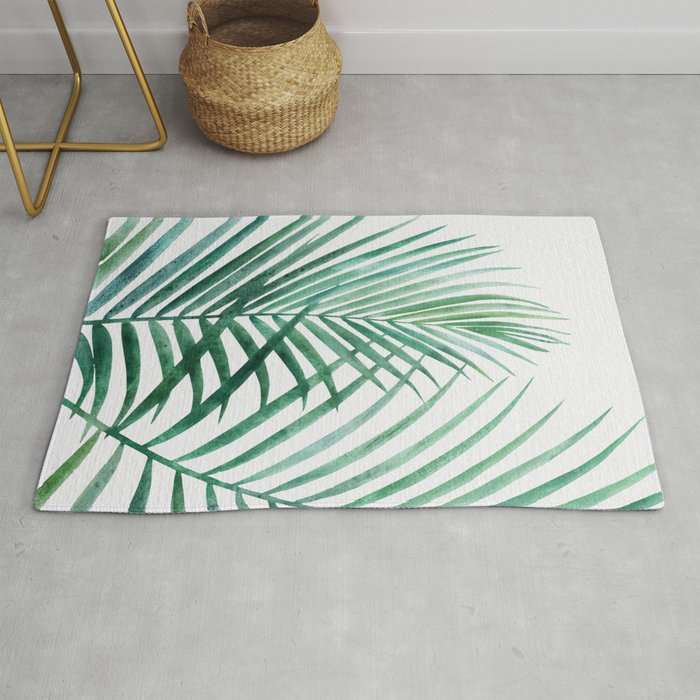 Emerald Green Palm Frond Watercolor Rug