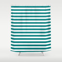[ Thumbnail: White & Teal Colored Striped/Lined Pattern Shower Curtain ]