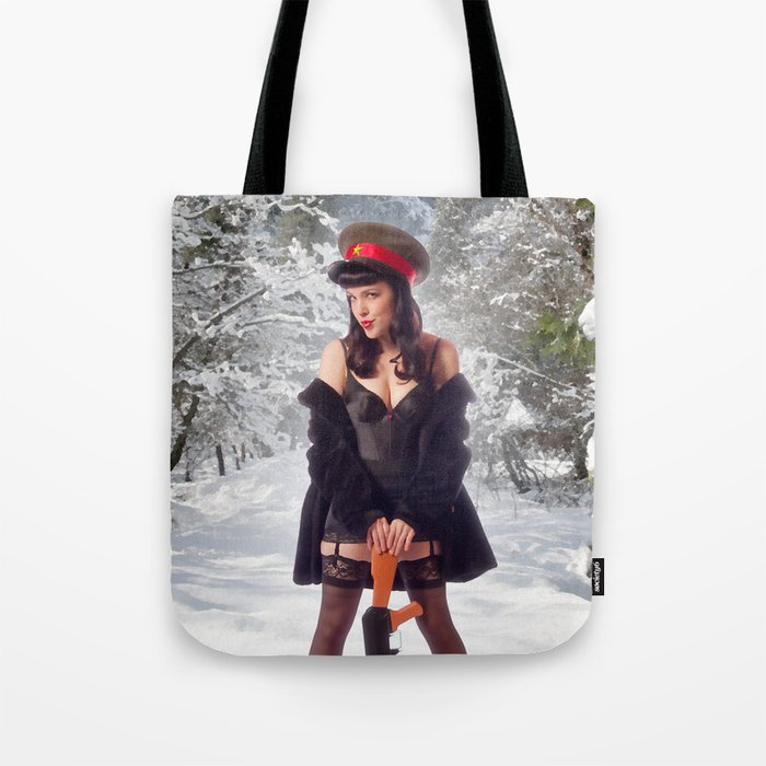 "Sovietsky on Ice" - The Playful Pinup - Russian Theme Pin-up Girl in Snow by Maxwell H. Johnson Tote Bag