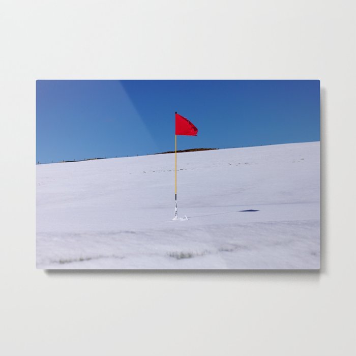 Red flag on Stromness golf course on a snowy April day. Metal Print