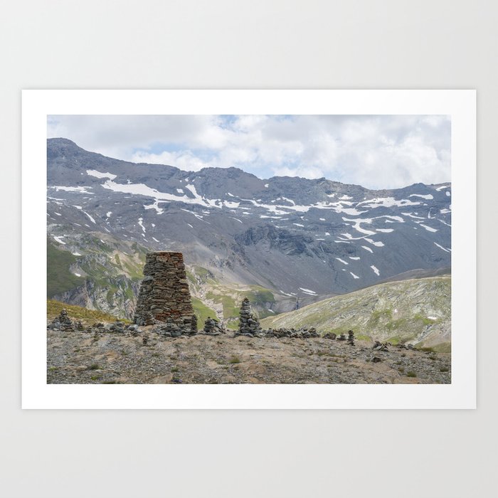 Cairns and snow in the french alps - mountain highlands - landscape and travel photography Art Print
