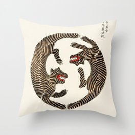 Japanese Tigers Vintage Illustration by Taguchi Tomoki 1860-1869 Yin-Yang Wild Animal Ukiyoe Balance Throw Pillow