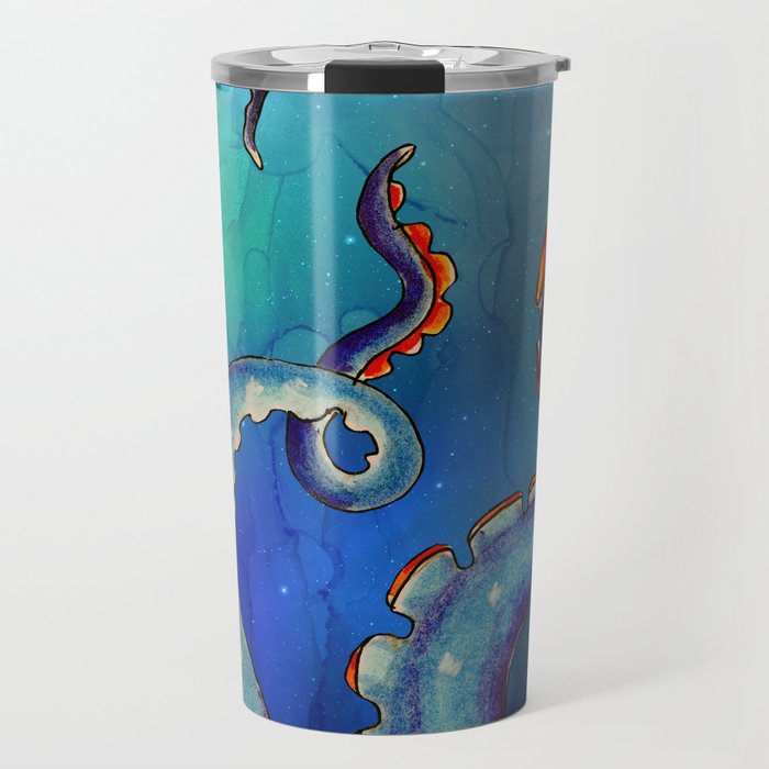 Octopus Tentacles Kraken Galaxy Teal Blue Stars Ink Art Travel Mug