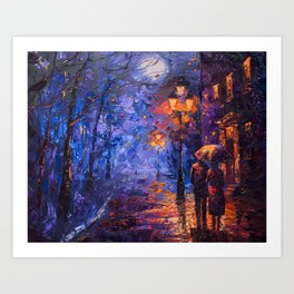 Street Scene Love Couple Colorful Oil Painting old style Drawing Technique Art HD Print 02 Art Print
