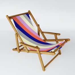 [ Thumbnail: Colorful Plum, Red, Blue, Dark Grey & Light Yellow Colored Lines/Stripes Pattern Sling Chair ]