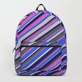 [ Thumbnail: Orchid, Royal Blue, Light Gray, Midnight Blue & Dim Gray Colored Lined Pattern Backpack ]