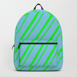 [ Thumbnail: Sky Blue & Lime Colored Striped Pattern Backpack ]