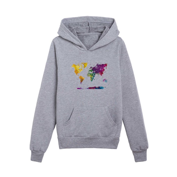 Watercolor World Map Kids Pullover Hoodie