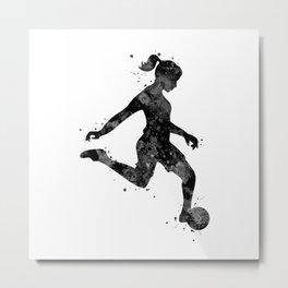 Girl Soccer Player Black And White Watercolor Art Football Gift Metal Print
