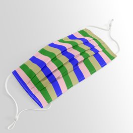 [ Thumbnail: Dark Khaki, Blue, Pink, and Green Colored Pattern of Stripes Face Mask ]