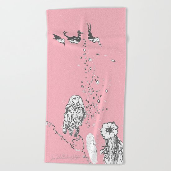 Two Tailed Duck and Jellyfish Baby Pink Deep Beach Towel