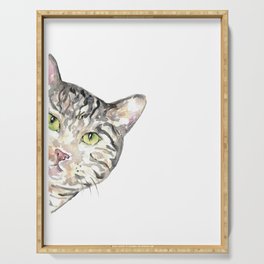 Grey cat peeking Painting Wall Poster Watercolor Serving Tray