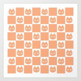 Large Cat Face Checkerboard - White & Peach Orange Art Print