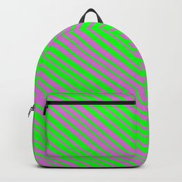 [ Thumbnail: Orchid and Lime Colored Lined/Striped Pattern Backpack ]