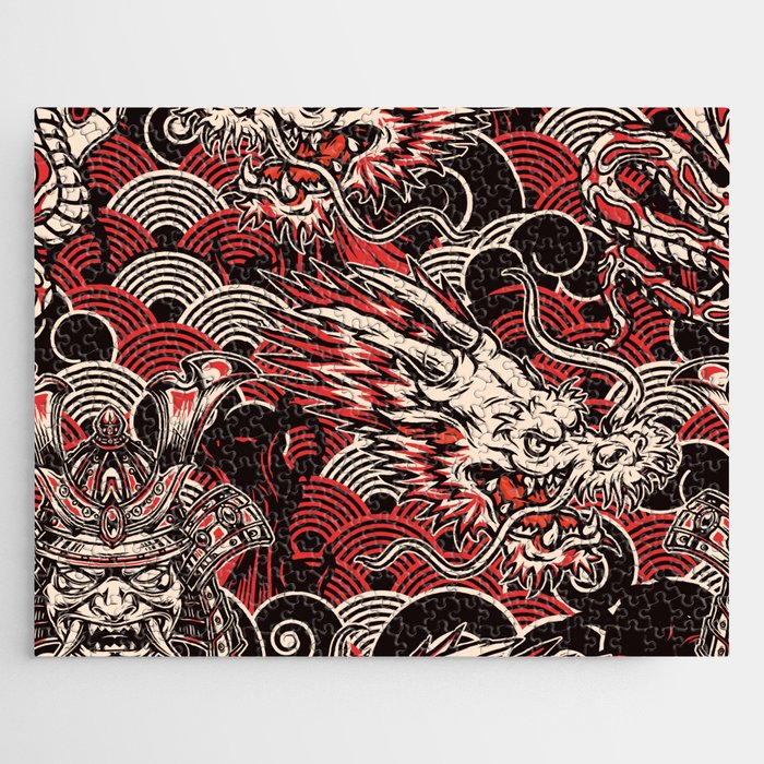 Vintage japanese seamless pattern in monochrome style with poisonous snake fantasy dragon head samurai mask in helmet on waves background vintage illustration Jigsaw Puzzle