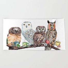 Tea owls , funny owl tea time painting by Holly Simental Beach Towel