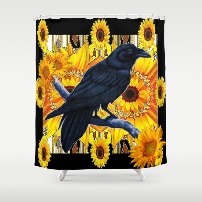 GRAPHIC BLACK CROW & YELLOW SUNFLOWERS ABSTRACT Shower Curtain