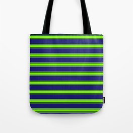 [ Thumbnail: Midnight Blue and Green Colored Lines Pattern Tote Bag ]