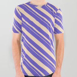 [ Thumbnail: Slate Blue and Bisque Colored Stripes Pattern All Over Graphic Tee ]