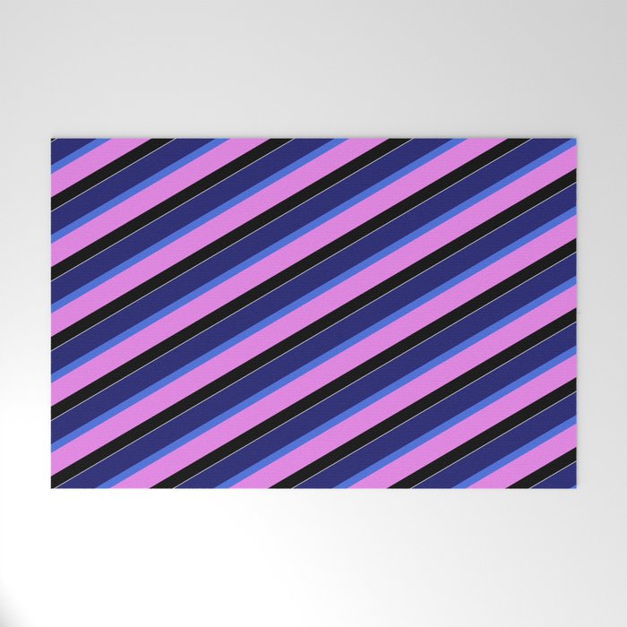 Vibrant Midnight Blue, Royal Blue, Violet, Black, and White Colored Pattern of Stripes Welcome Mat