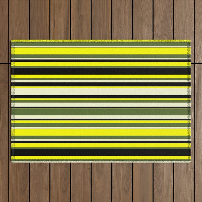Yellow, Dark Olive Green, Light Yellow, and Black Colored Lines Pattern Outdoor Rug