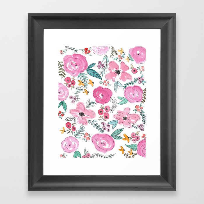 Pink Watercolor Floral Print  Framed Art Print