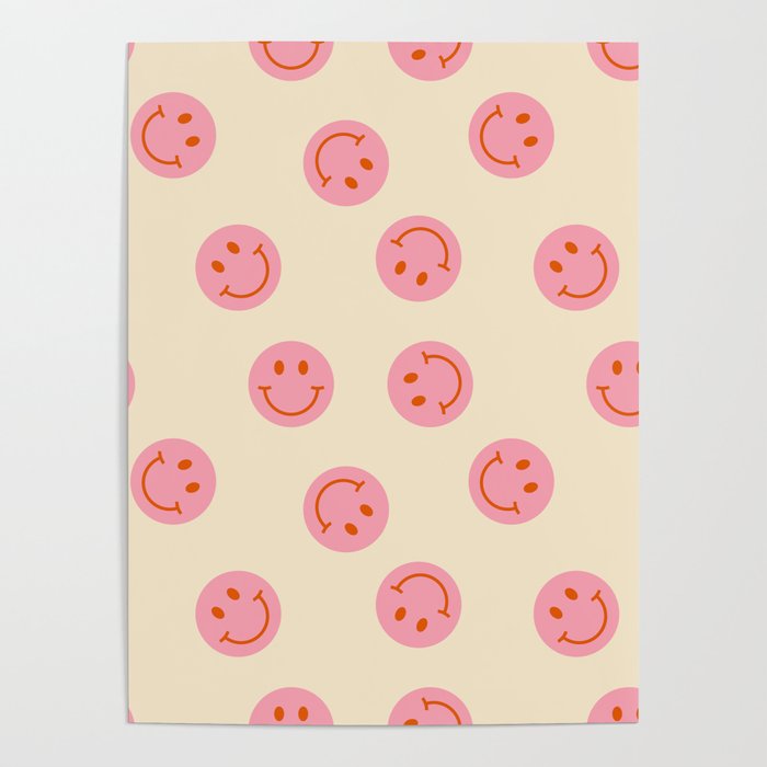 70s Retro Smiley Face Pattern in Beige & Pink Poster