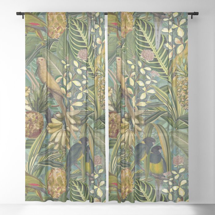 Vintage & Shabby Chic - Green Tropical Bird Flower Garden Sheer Curtain