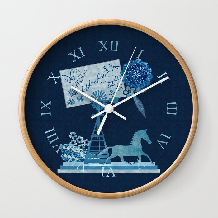 Live Love Life Horse Wind Pump Cyanotype Collage Wall Clock