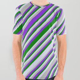 [ Thumbnail: Grey, Purple, Green & Lavender Colored Lines/Stripes Pattern All Over Graphic Tee ]