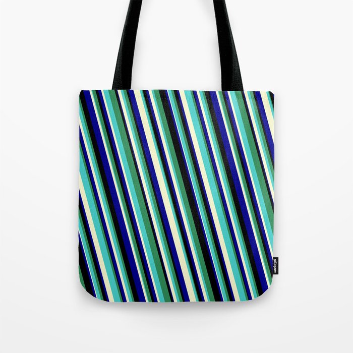 Eyecatching Sea Green, Turquoise, Light Yellow, Dark Blue, and Black Colored Stripes/Lines Pattern Tote Bag