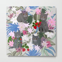 Hand drawn cat with strawberry and tropical flowers pattern green Metal Print