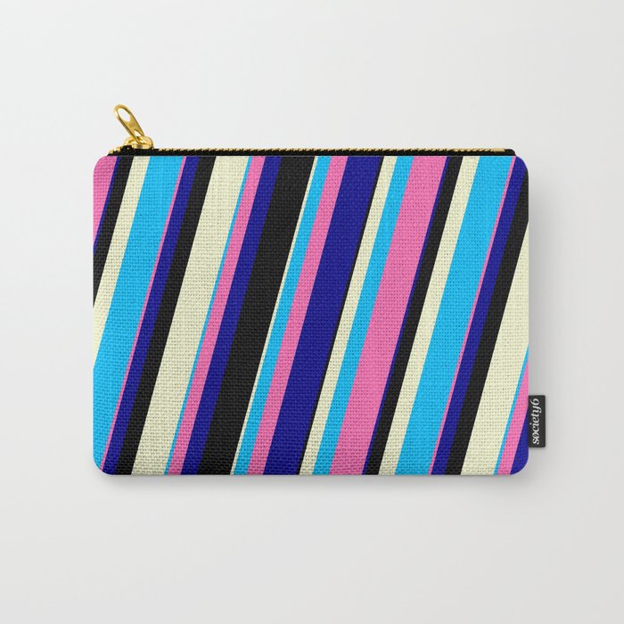 Vibrant Deep Sky Blue, Hot Pink, Dark Blue, Black, and Light Yellow Colored Lines/Stripes Pattern Carry-All Pouch