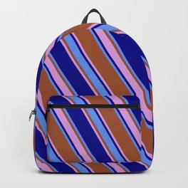 [ Thumbnail: Sienna, Plum, Dark Blue & Cornflower Blue Colored Lines/Stripes Pattern Backpack ]