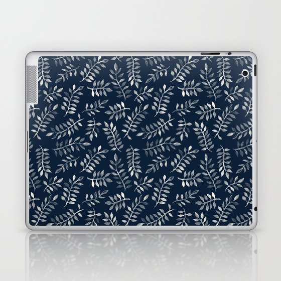 White Leaves on Navy - a hand painted pattern Laptop & iPad Skin