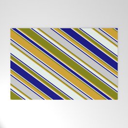 [ Thumbnail: Colorful Light Gray, Green, Goldenrod, Mint Cream, and Blue Colored Pattern of Stripes Welcome Mat ]
