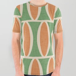 Retro Mid Century Modern Geometric Oval Pattern 239 Green and Orange and Beige All Over Graphic Tee