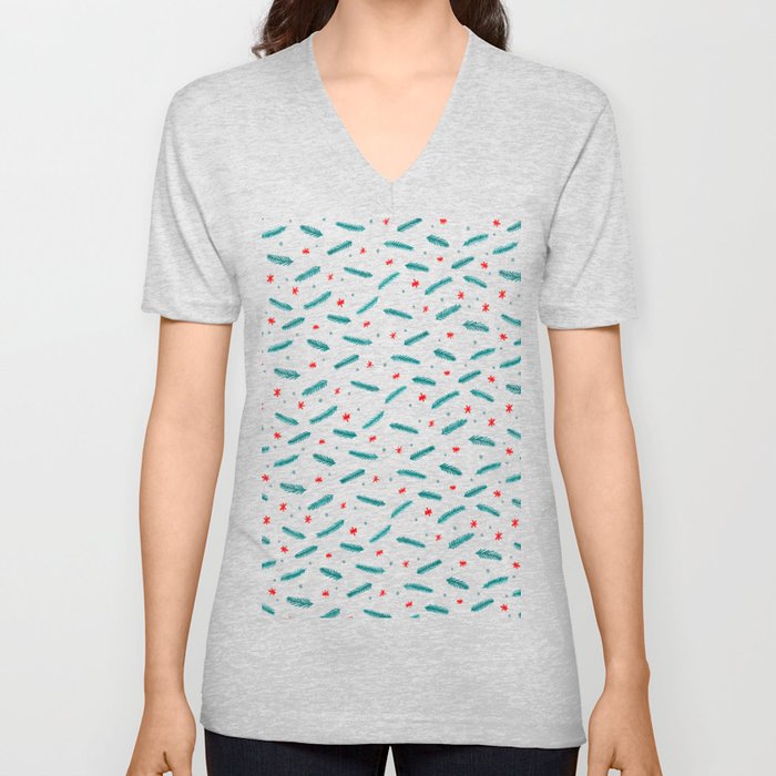 Christmas branches and stars - teal and red V Neck T Shirt